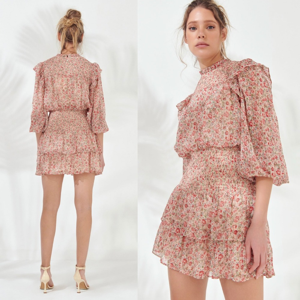 Endless Rose Pink Floral Smocked Chiffon Ruffle Mini Dress XS Feminine‎ Coquette